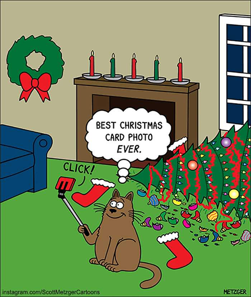 Cartooon of a cat takng a selfie of a Christmas tree he just destroyed.
