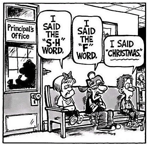 Christmas card about modern day usage of words in school.