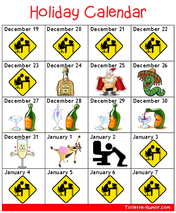 Holiday calendar with graphis of drinking, partying and working. A funny cartoon.