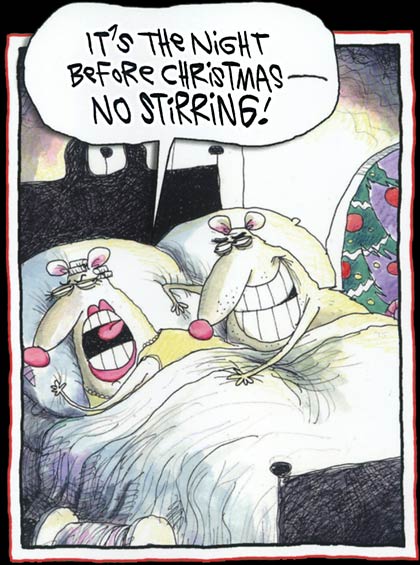 Female mouse lets mate know there will be NO STIRRING in bed on The Night Before Christmas, a funny cartoon.