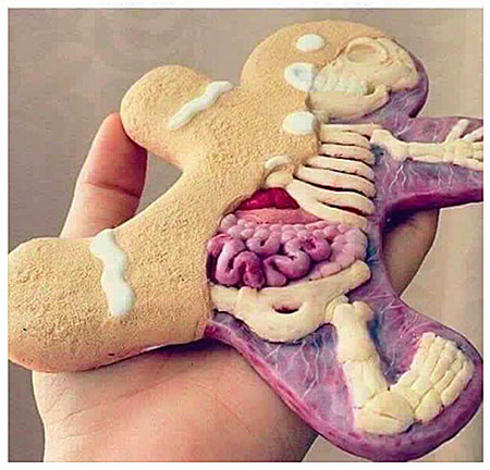cookie is half gingerbread man and half what inside his skin.