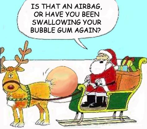 Santa asks reindeer if the big bubble right behind him is his bubble gum or an airbag