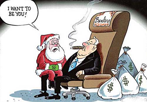 Santa sits on lap of a rich banker and makes a wish that he can be the banker, rich.