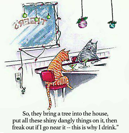 Christmas cartoon of two cats discussing why they drink at Christmas.