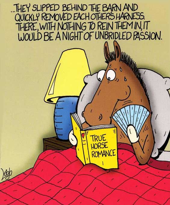 A horse reading a book called unbridled passion