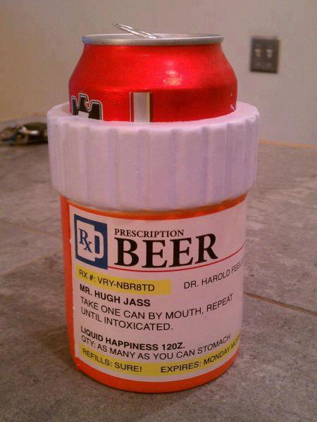Coozy looks like a prescription bottle with instructions to drink lots of beer. Funny.