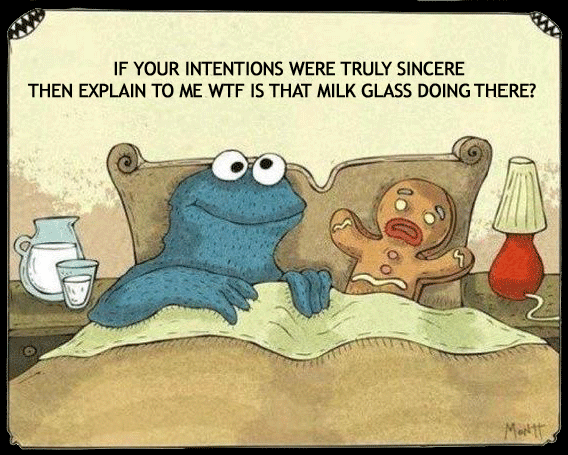The cookie monster is in bed with a cookie and a glass of milk a funny cartoon.