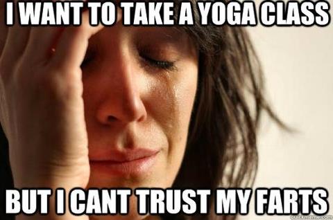 Woman wants to take yoga but experiences gas, a funny cartoon