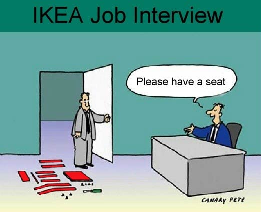Man goes into IKEA for a job interview, parts of the chair are all on the floor waiting to be put together