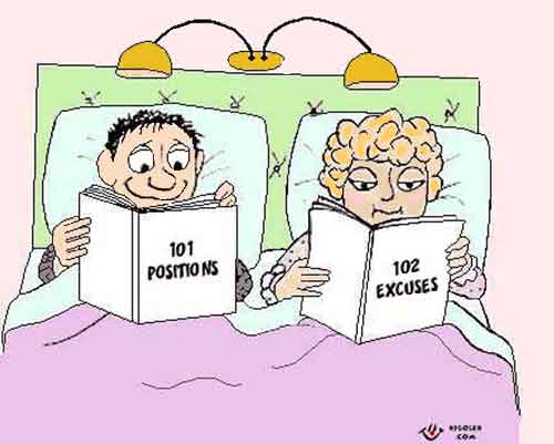 Man reading about sexual positions, wife reading about excuses, a funny cartoon