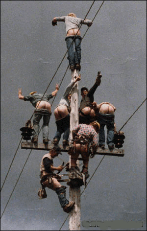 Mooning power company employees on a power pole