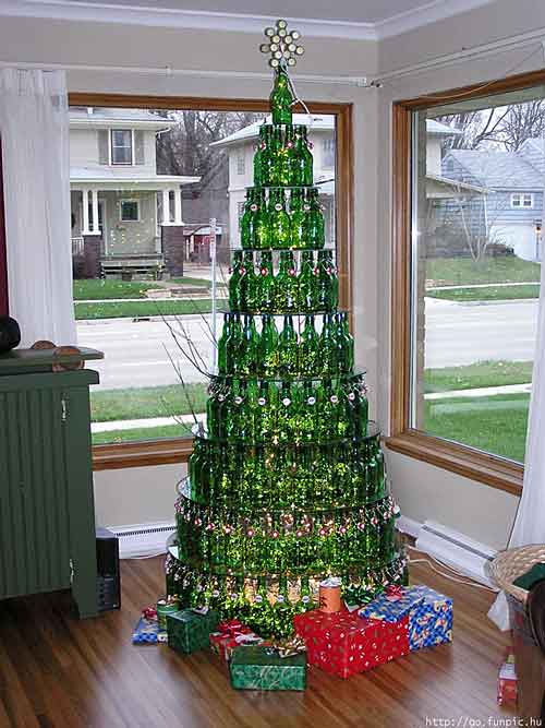 Christmas tree made of green beer bottles