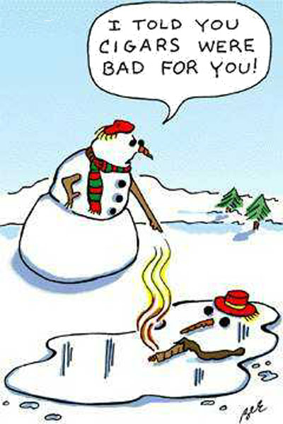 Snowman melts from smoking cigar