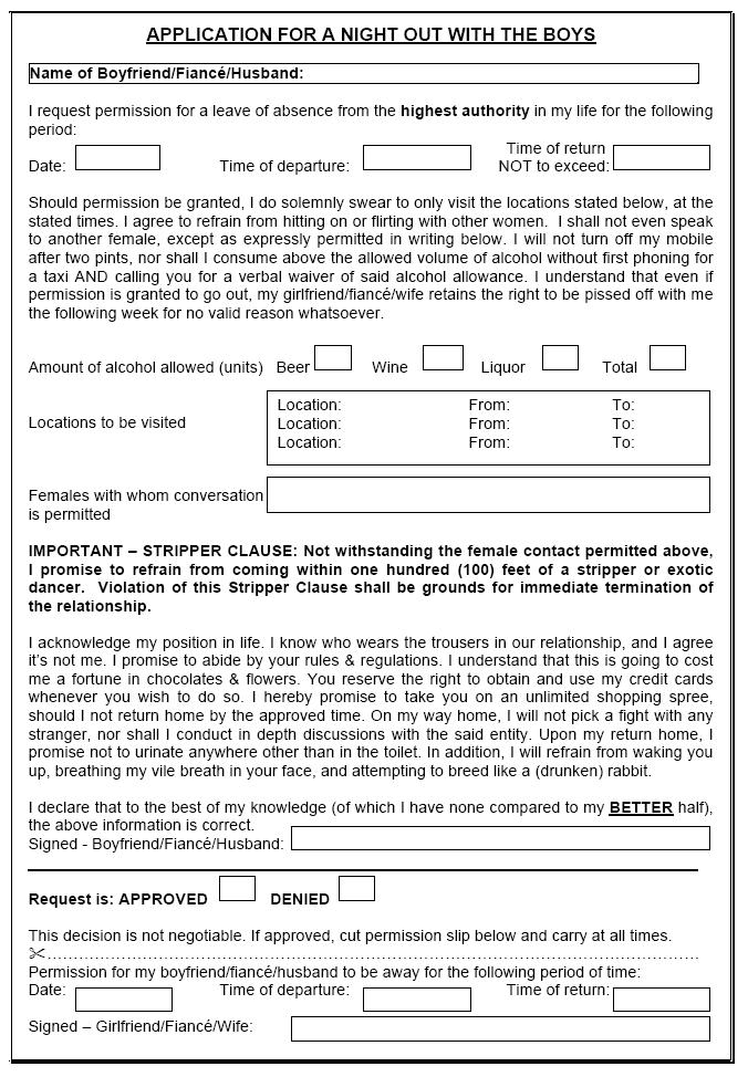 Application For Night Out With The Boys
