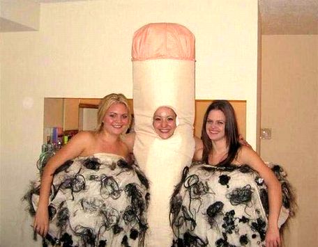 3 girls dressed as 2 balls and a dick