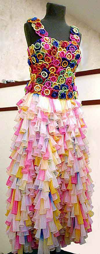 beautiful dress made out of colored condoms
