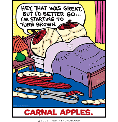 Two apples turn brown in bed