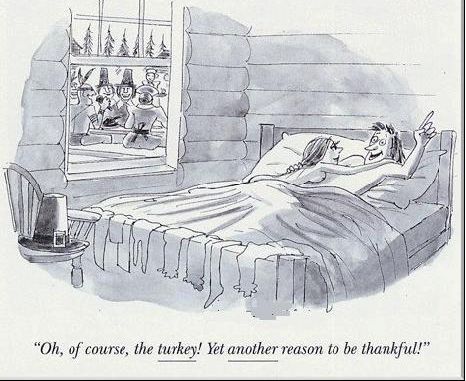 man in bed with woman being also grateful for the turkey, a funny adult cartoon.