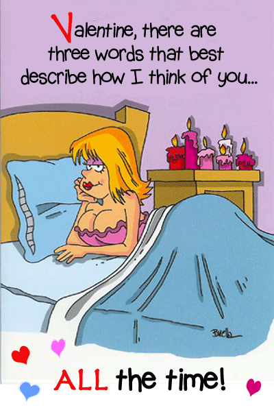 Woman layig bed describing 3 words, a funny cartoon for Valentine's