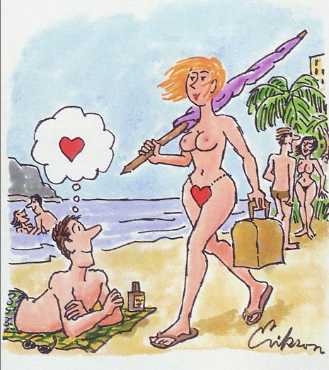 Topless woman on the beach is wearing only a Valentine heart... a man with thought bubble has a matching valentine heart in his thoughts.